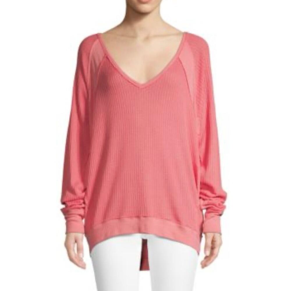 FREE PEOPLE Women's Large Santa Clara Oversized V Neck Thermal Sweater Top Pink - Picture 14 of 14